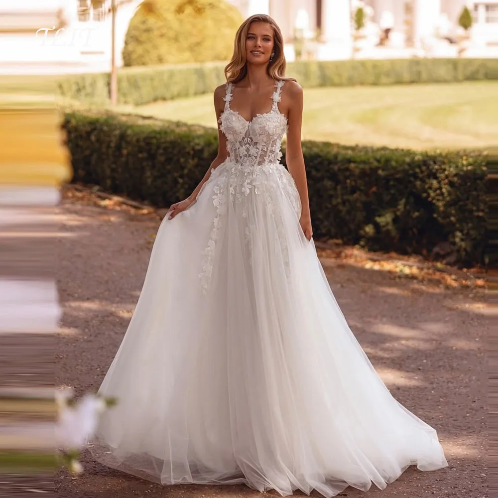 TLIT Lussuosi abiti da sposa a trapezio in pizzo personalizzati senza spalline فساتege Şarten Spaghetti Strap con fiori Abiti da sposa