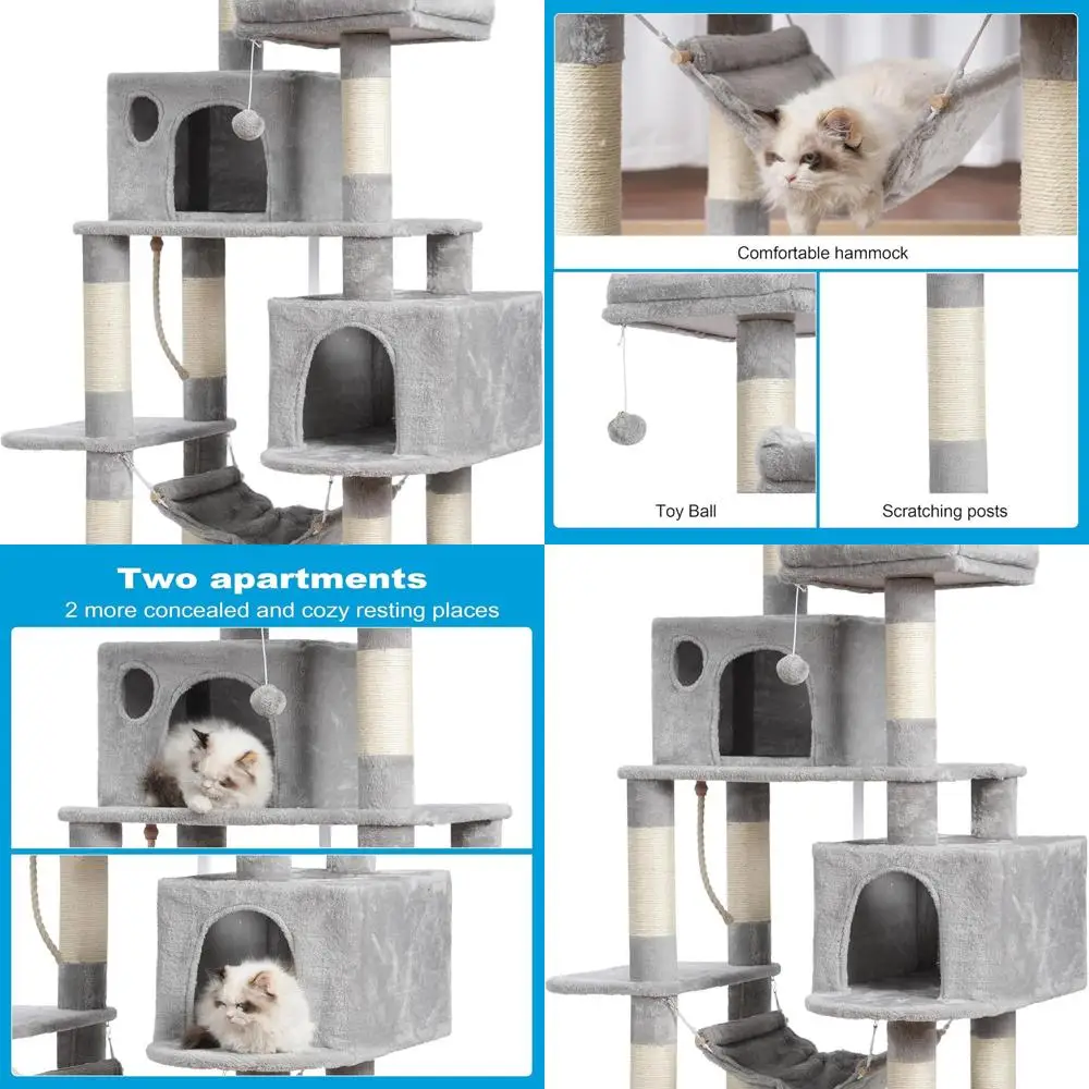 

Большое многоуровневое кошачье дерево с сизалевыми когтеточками, плюшевыми комбайнами и гамаком — светло-серый MPJ020