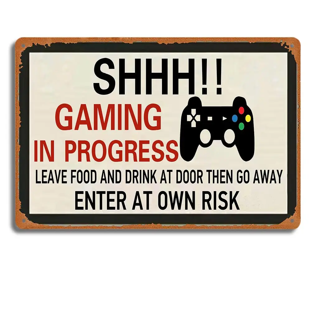 Retro Gaming Metal Tin Sign, SHHH! Gaming in Progress Door Sign, 12x8 inch Room Decor, Funny Do Not Disturb Gamer Plaque, Game R