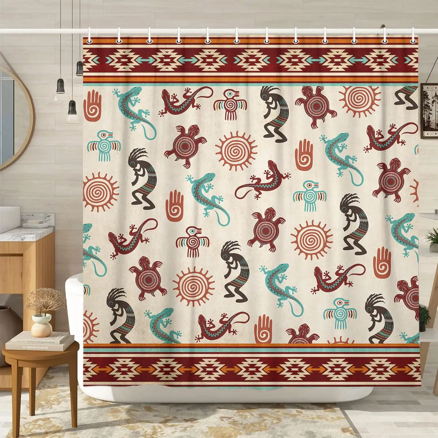 Western Aztec Shower Curtain with Dancing Kokopelli Cactus Turtle, Navajo Native American Southwestern Shower Curtains Tribal