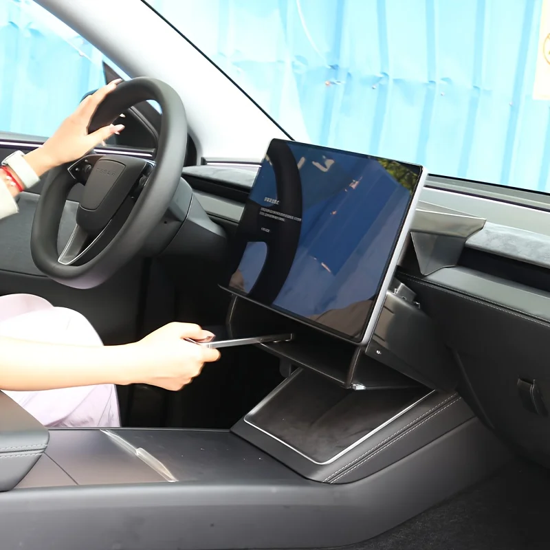 Tesla Model 3 Highland 2024 및 Model Y Juniper 2025 중앙 제어 화면에 적합 후면 보관 랙 + 미끄럼 방지 매트가 내장된 화면 아래 보관함, 접이식 숨겨진 오픈 박스 보관함 썸네일 4