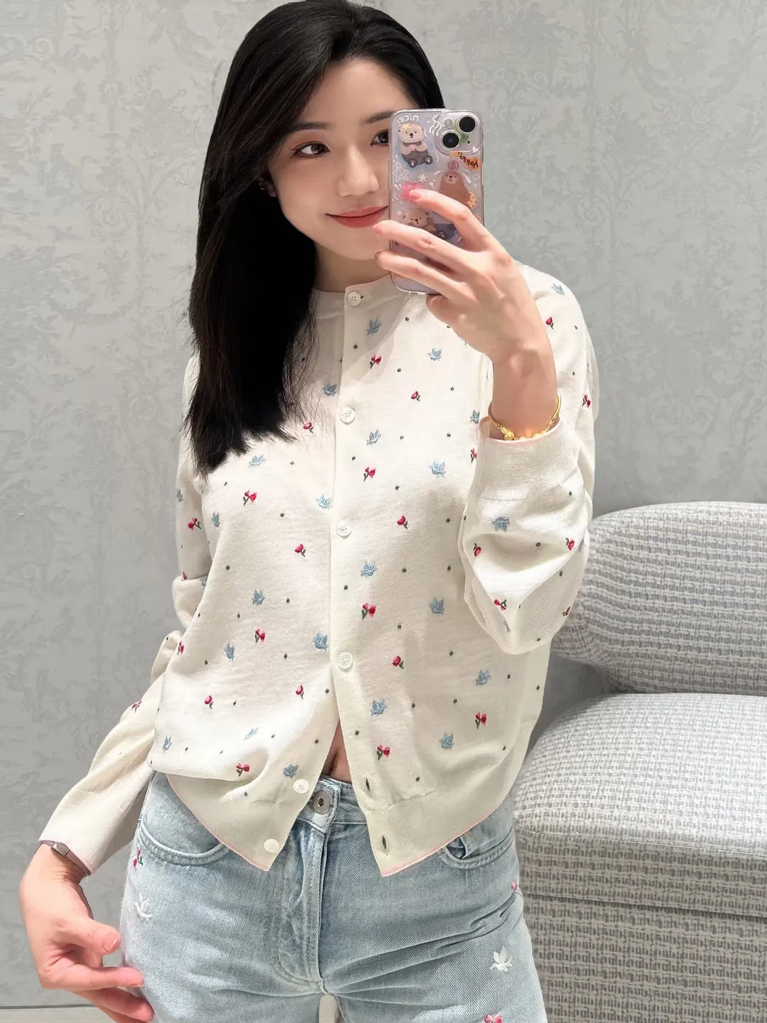 

2026 Spring New Women's Knit Cardigan Sweet Fresh Style Round Neck Long Sleeve Floral Bird Embroidery Sweater