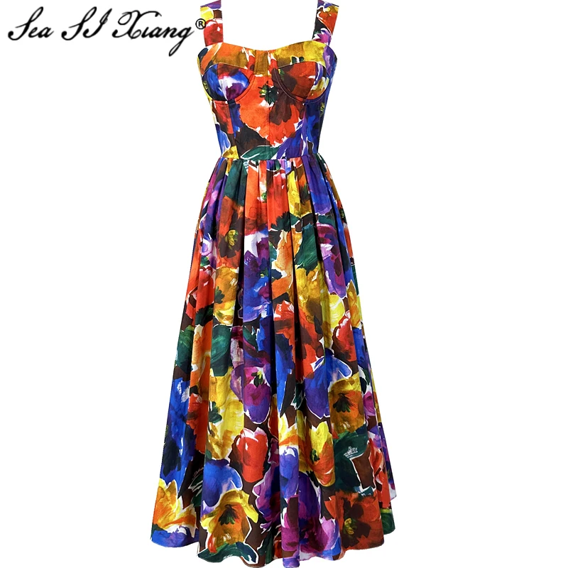 

Seasixiang Fashion Designer Summer Cotton Dress Women Spaghetti Strap Multicolor Flower Print Vintage Party Backless Dresses