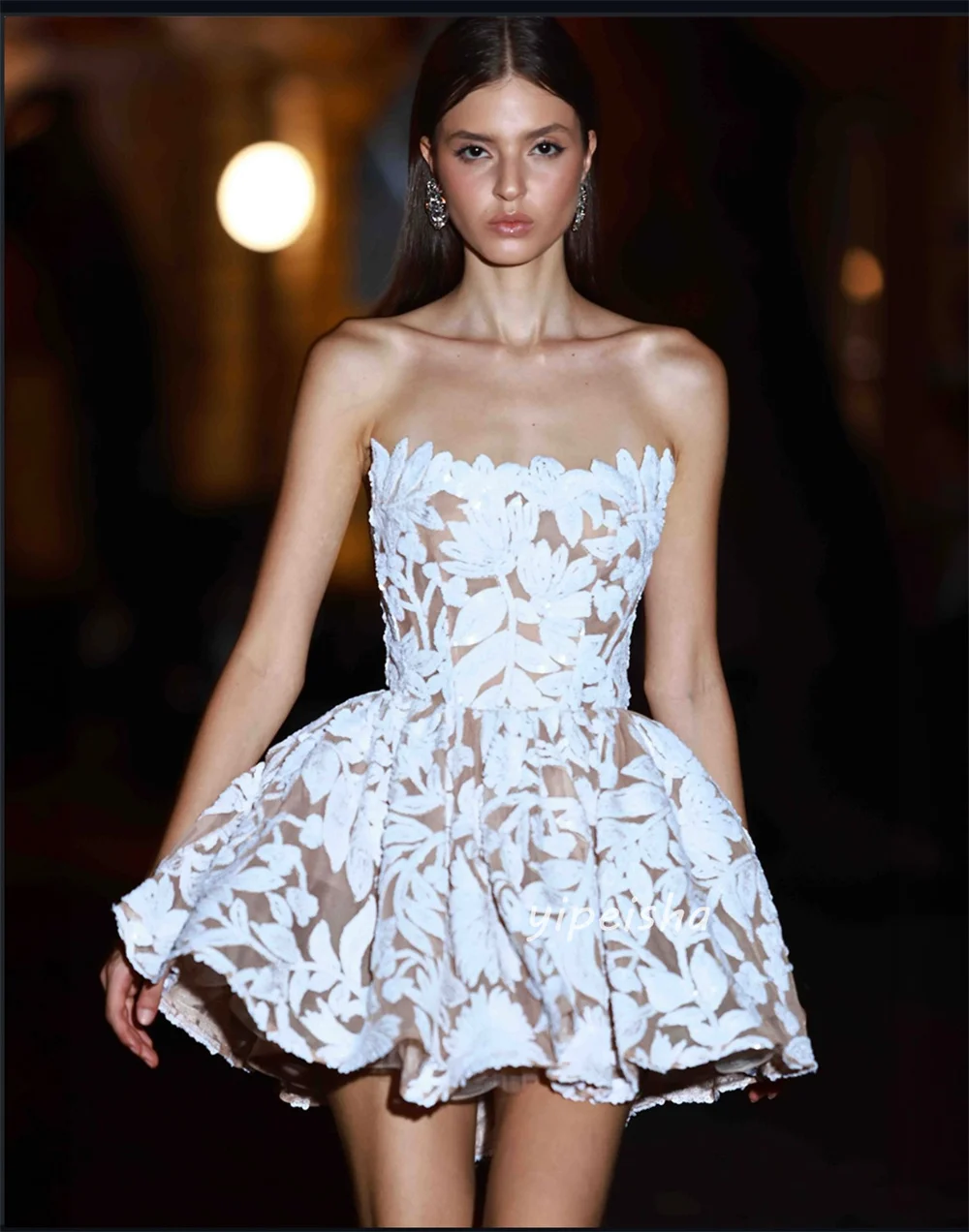 Customized Matching Fashion Lace Pleat Ruched A-line Strapless Short Dresses Evening Dresses for Woman Sizes Available Retro