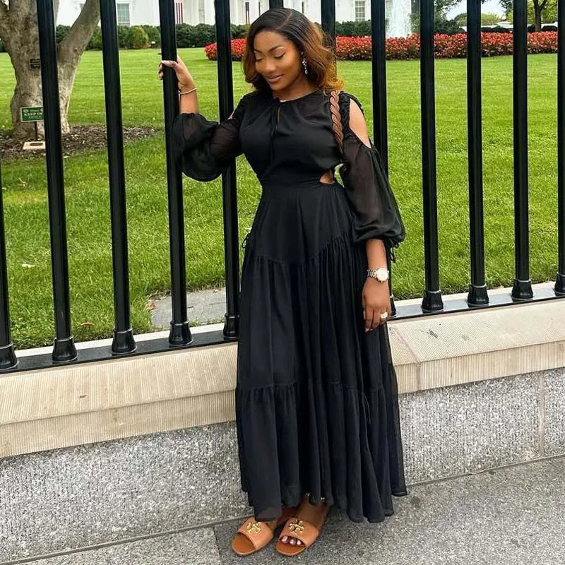 

plus Size Women's off--Shoulder Mid-Length Dress African Elegant Graceful Long Dress Color All-Matching Skirt