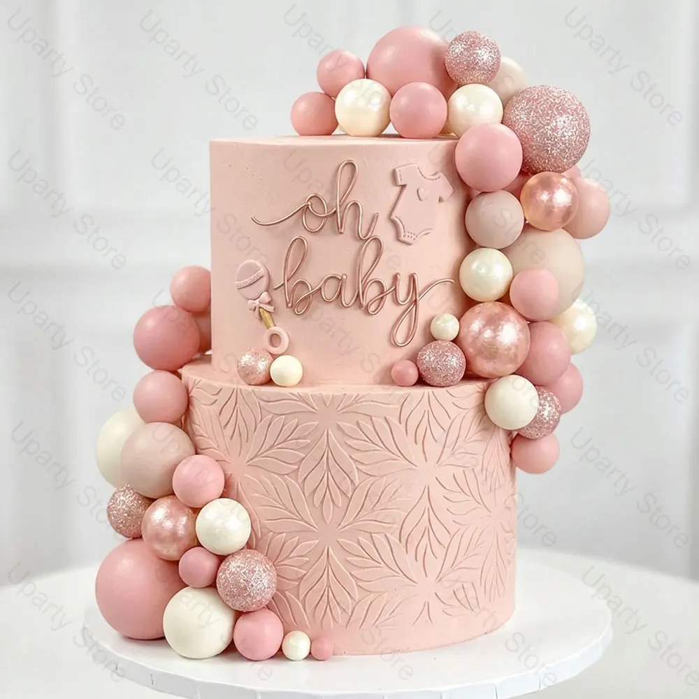 55 Stück Blush Pink Kugel-Kuchendekorationen Glitzer Roségold Nude Hellrosa Kuchenkugeln für Geburtstag Babyparty Hochzeit Tortendekoration – Detail 1