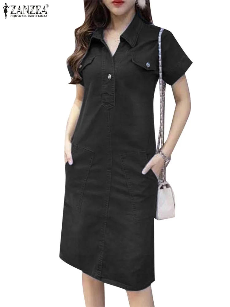 ZANZEA-Robe chemise d'été élégante pour femmes, col à revers, manches courtes, bleu denim uni, robe éducative décontractée, robe de travail pour avocat