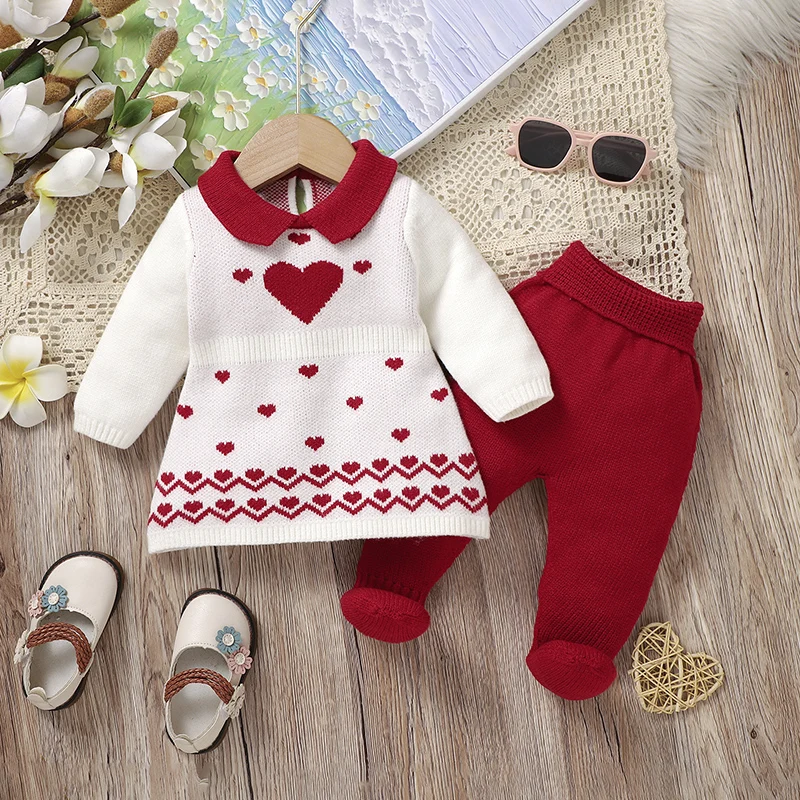 Girl Baby Clothes Sets Knit Infant Child Sweater Fashion Turn-down Collar +Pants Foot Wrap Newborn Pullover Trousers Warm Autumn