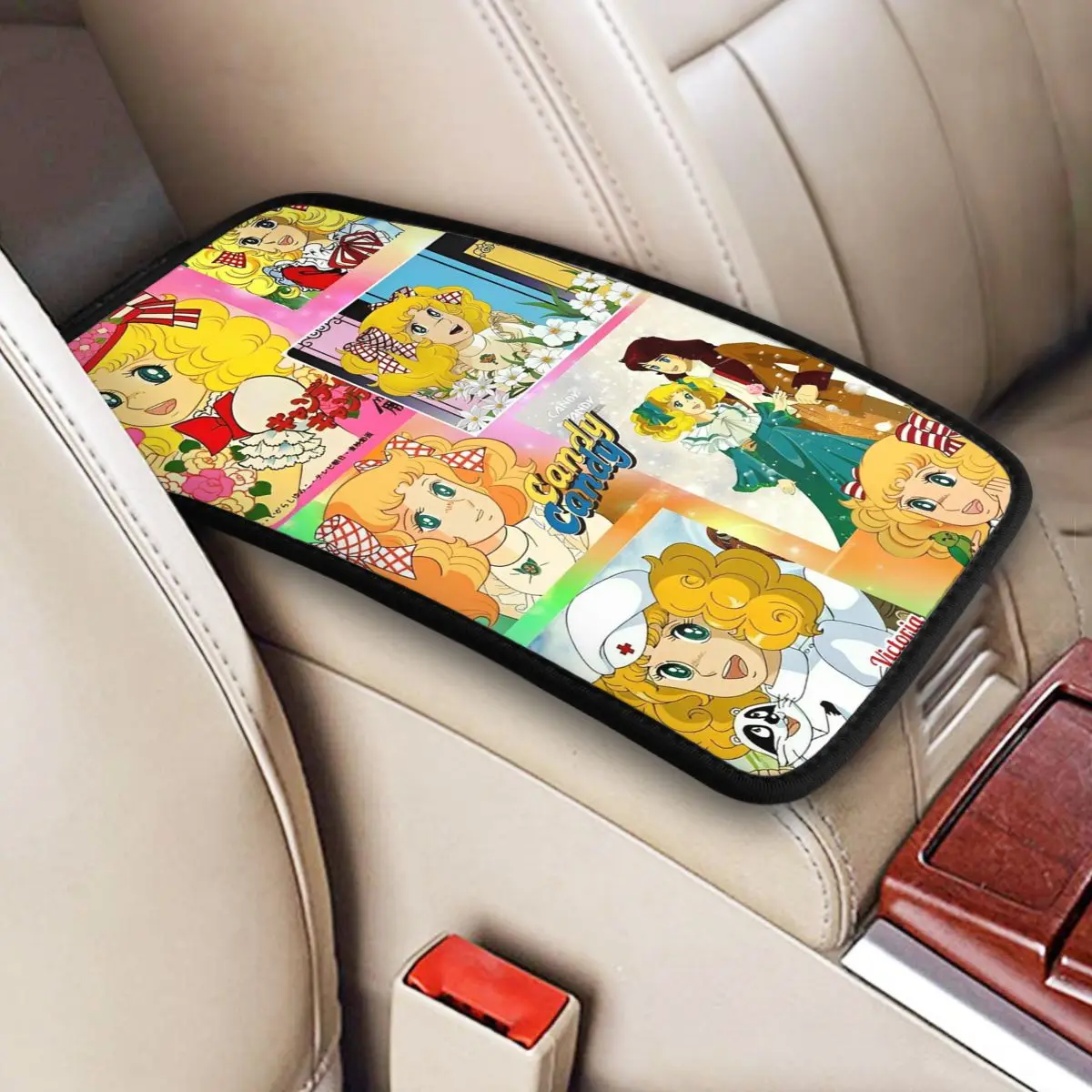 Candy Candy Cartoon Plaid Center Console Cover Pad for Universal Cars Sweet and Colorful Auto Interior Armrest Cover Mat Leather