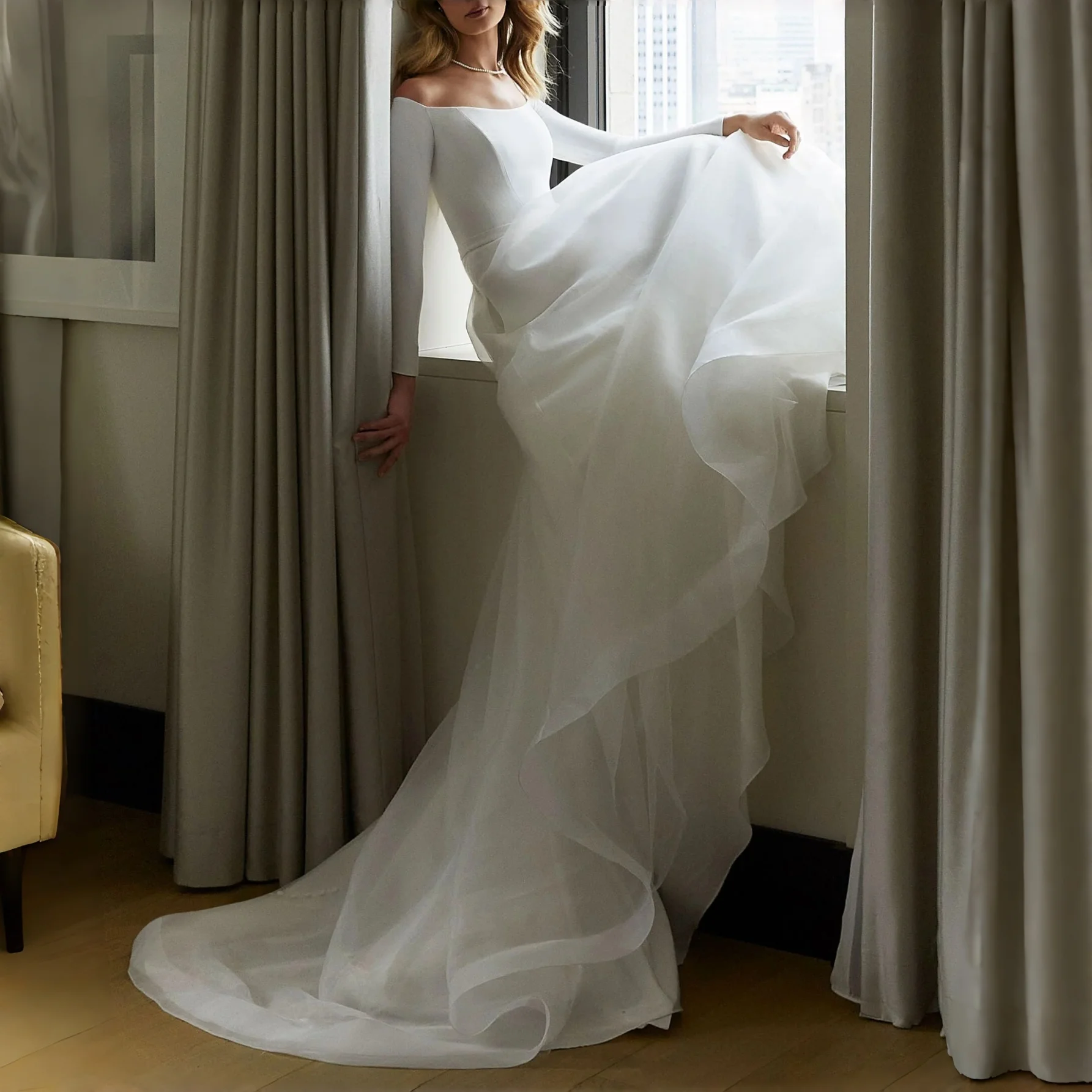 Off Shoulder Long Sleeve Satin A Line Wedding Dress Thin Satin Belt  V Back Organza Minimalist Modern Bridal Gown Customizable