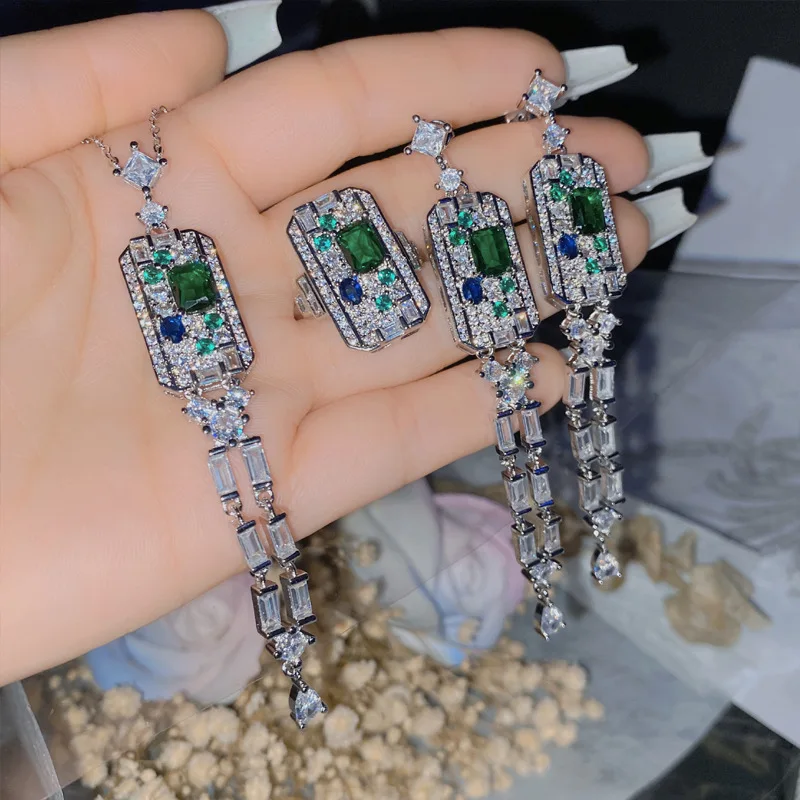 Vintage Unique 925 Sterling Silver Jewelry Sets for Women Square Zircon Emerald Wedding Party Ring Earring Necklace Fine Jewelry