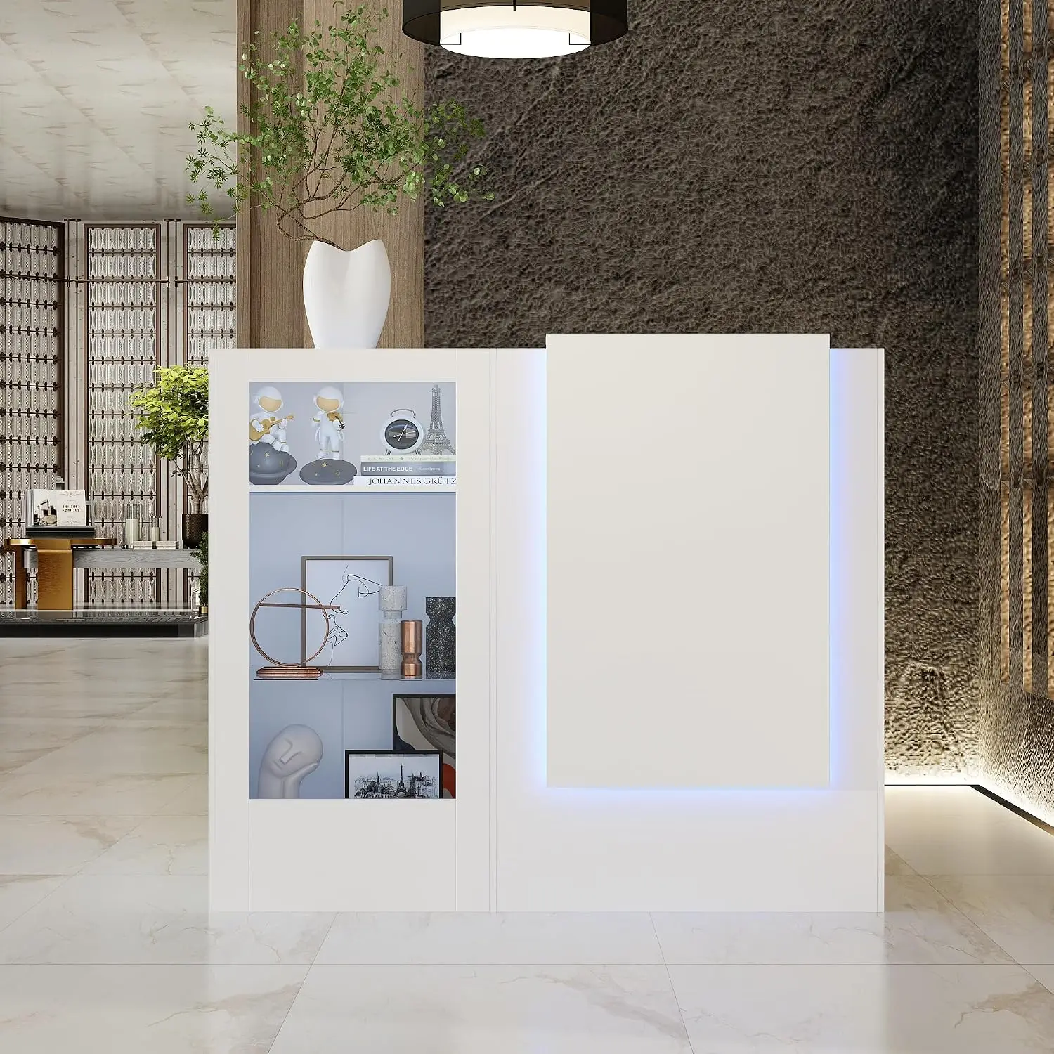 Reception Desk with Counter, Colored LED Light, Glass Front & Open Shelves, Retail Counter with Adjustable Glass Shelves, Checko