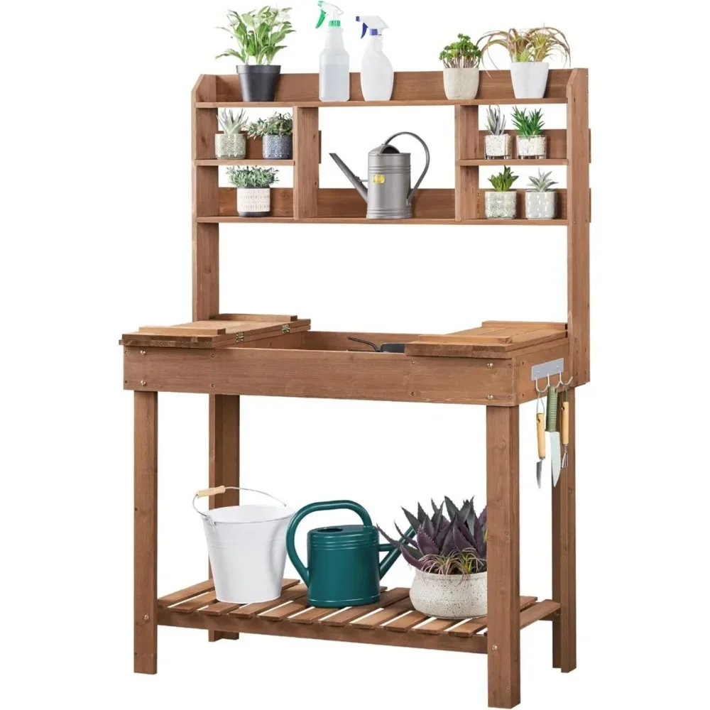 

Potting Bench Table Horticulture Germination Table & Outdoor Garden Work Bench Platform w/Display Rack/Storage Shelf