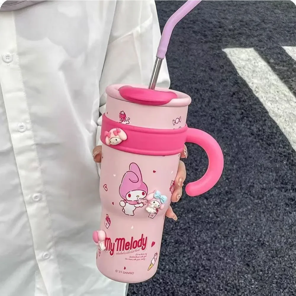 1200ml Nowy kubek do lodu Sanrios z uchwytem Kawaii Hello Kitty Kuromi My Melody Cinnamoroll Przenośny kubek termiczny ze słomką o dużej pojemności