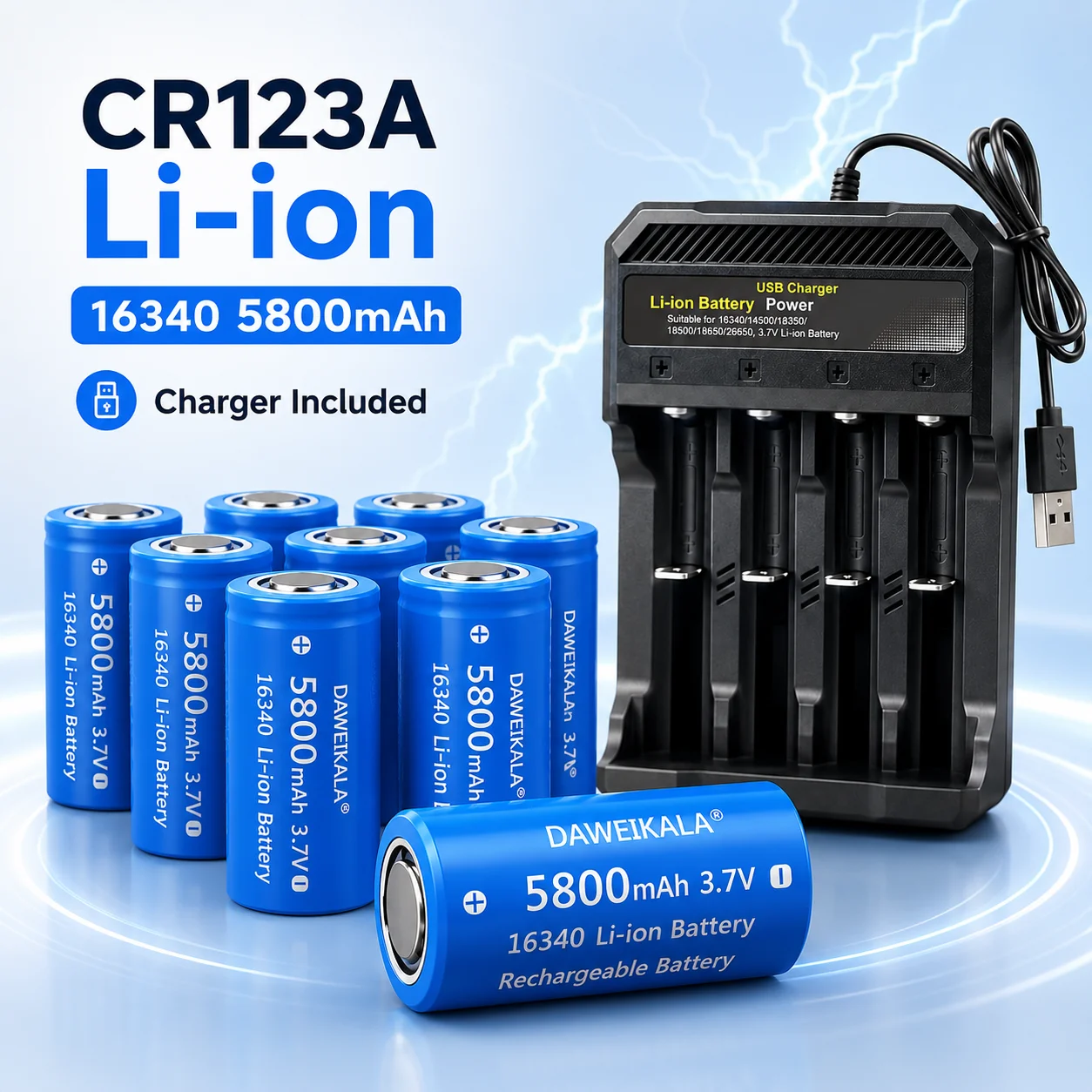 

High Capacity 5800mAh 3.7V 16340 RCR123A Li-ion Rechargeable Batteries with Travel Wall Charger for LED Flashlight