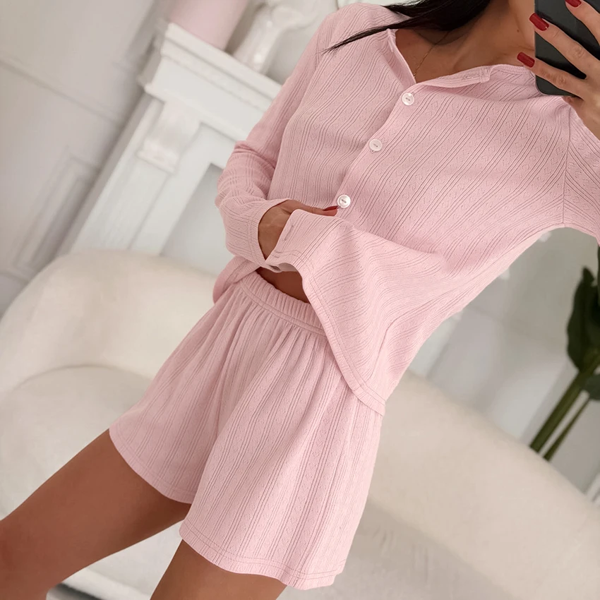 

Hiloc Casual Pink Mini Pants Suits Women Pajamas Summer Knit Lapel Shirts Elastic Waist Shorts 2 Piece Sets 2026 Home Sleepwear