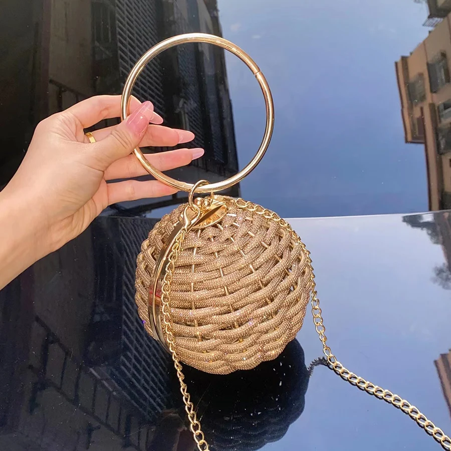 Rhinestone Round Evening Handbag Women Boutique Circular Ball Shape Woven Diamond Clutch Purses Shiny Hollow Chain Crossbody Bag