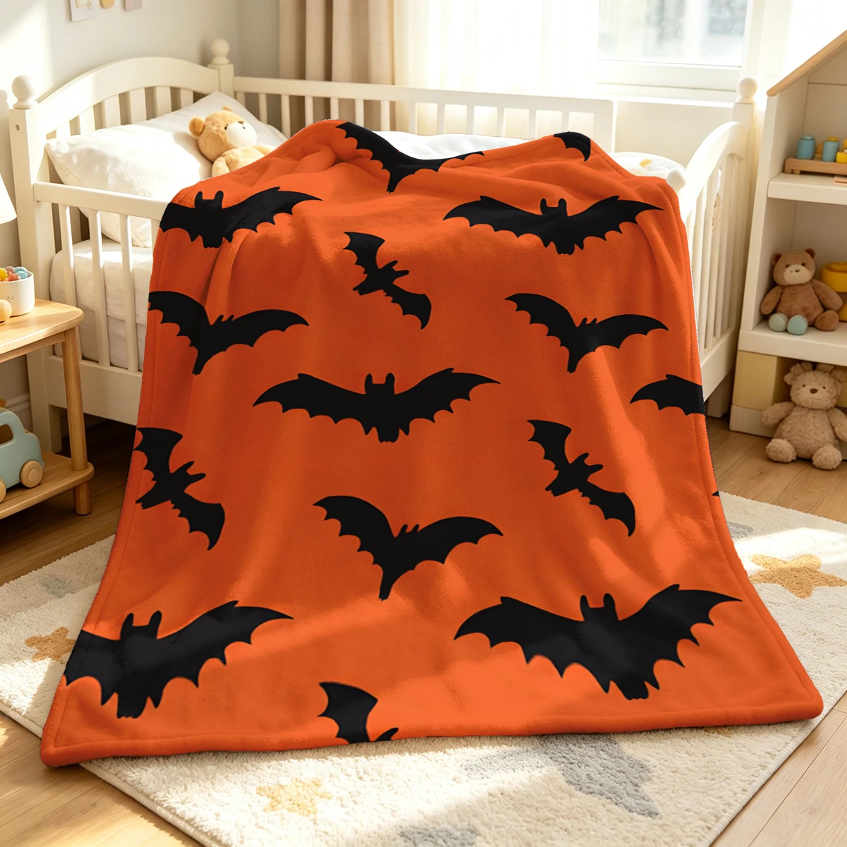 Orange Bat Ears Soft Fluffy Flannel Blanket Super Cozy Lightweight Bed Blanket for Halloween Sofa Bed Christmas Decor
