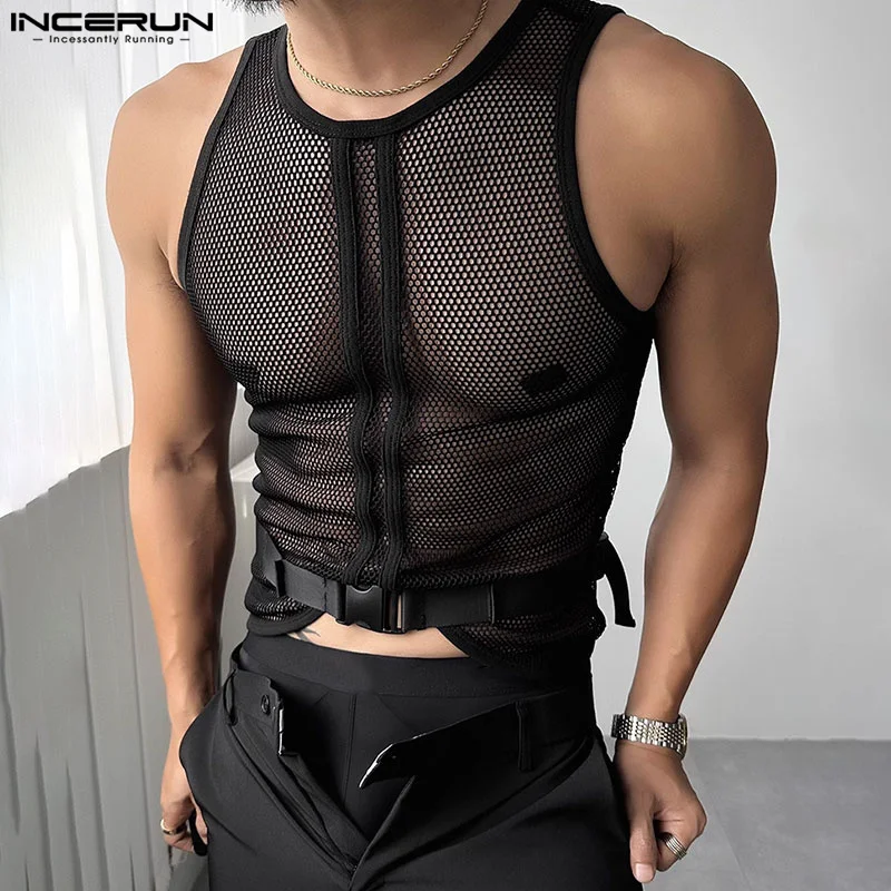 INCERUN Men Tank Tops Mesh Transparent Solid Color Sexy O-neck Sleeveless Male Vests Streetwear 2024 Party Fashion Men Clothing