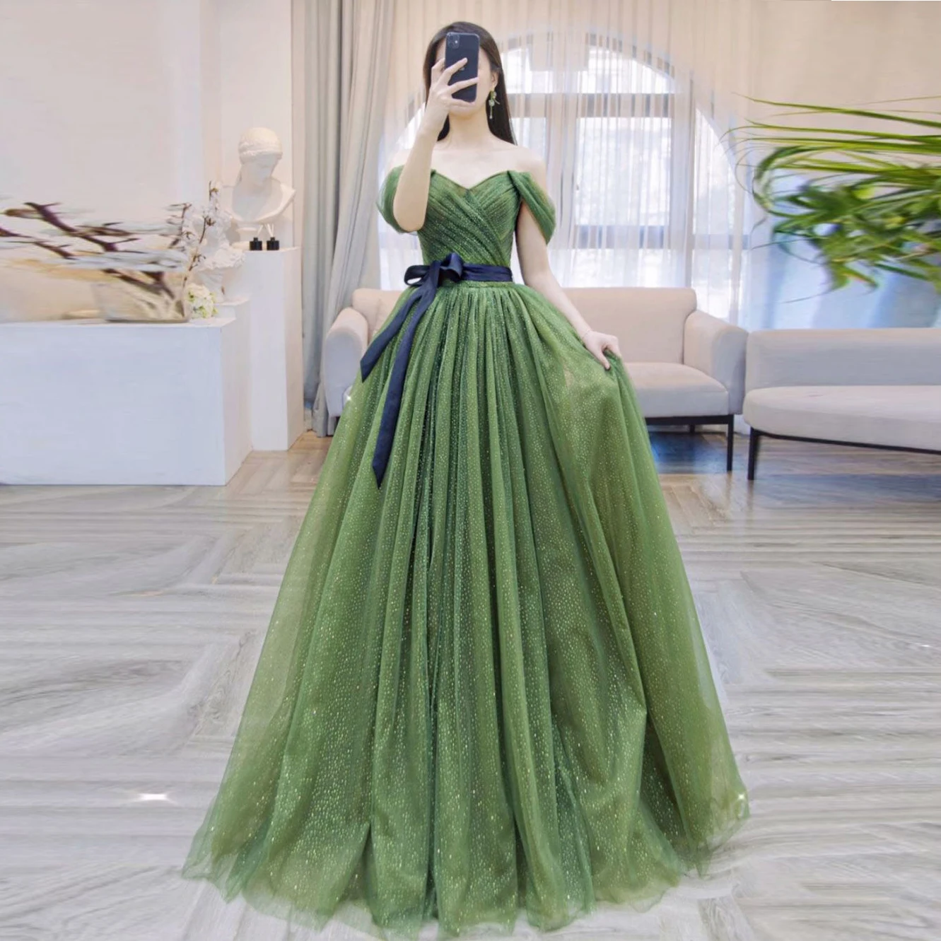 

Bafftafe Sparkly Tulle Korea Lady Prom Party Dresses Corset Back Off The Shoulder Wedding Photo Gowns 프롬드레스 Women Formal Wear