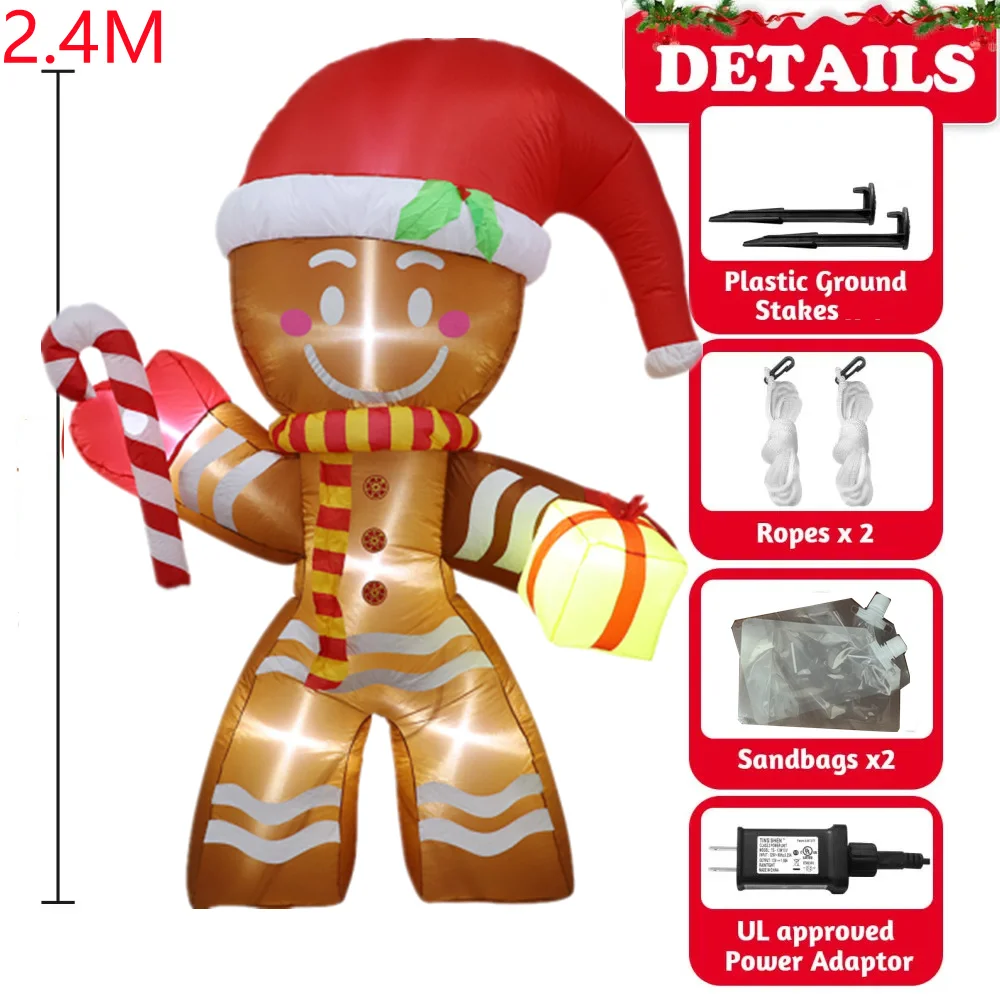 2.4M Inflatable Christmas Giant Gingerbread Man Xmas and snowman Build-in LED Lights Outdoor Garden Holiday Party Decorations