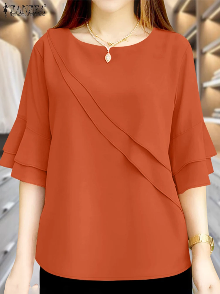 

ZANZEA Office Women Blouses Summer Casual O Neck Half Sleeve Shirts Solid Loose Tops Tunic Femme Baggy Work Blusas Oversize 2025