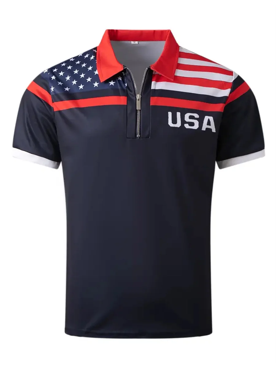 Summer American flag print patriotic men must-have breathable zip-up POLO shirt