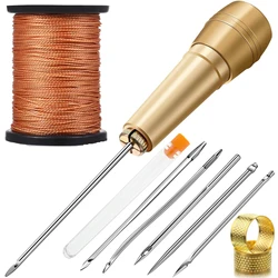 Leather Sewing Kit DIY Leather Sewing Awl Needle with Copper Handle Set Leather Canvas Tent Shoes Repairing Tool Nylon Thread