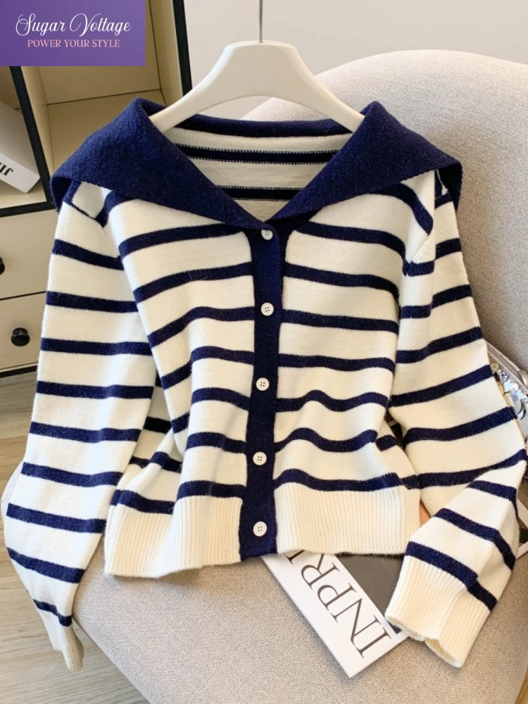 

Осенний винтажный модный вязаный мягкий свитер, женский свободный крой с длинным рукавом и матросским воротником, шаль в полоску, топы, повседневный элегантный кардиган