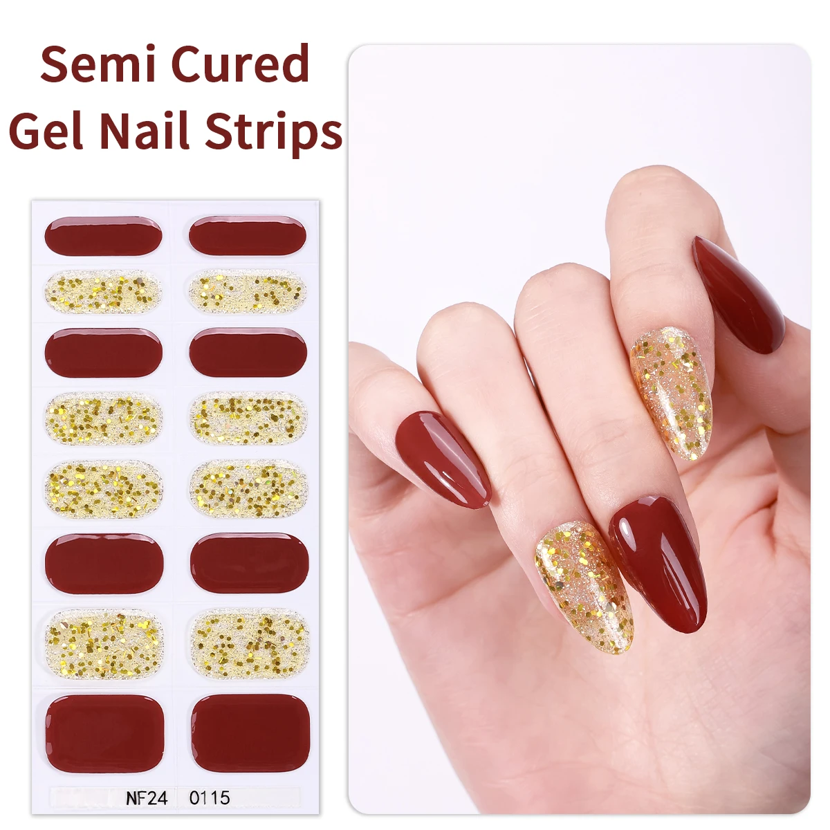 

16Tips Red Brown Semi Cured Gel Nail Strips Glitter Solid Color UV Nail Sticker Long-Lasting Gel Nail Wraps For Women Manicure