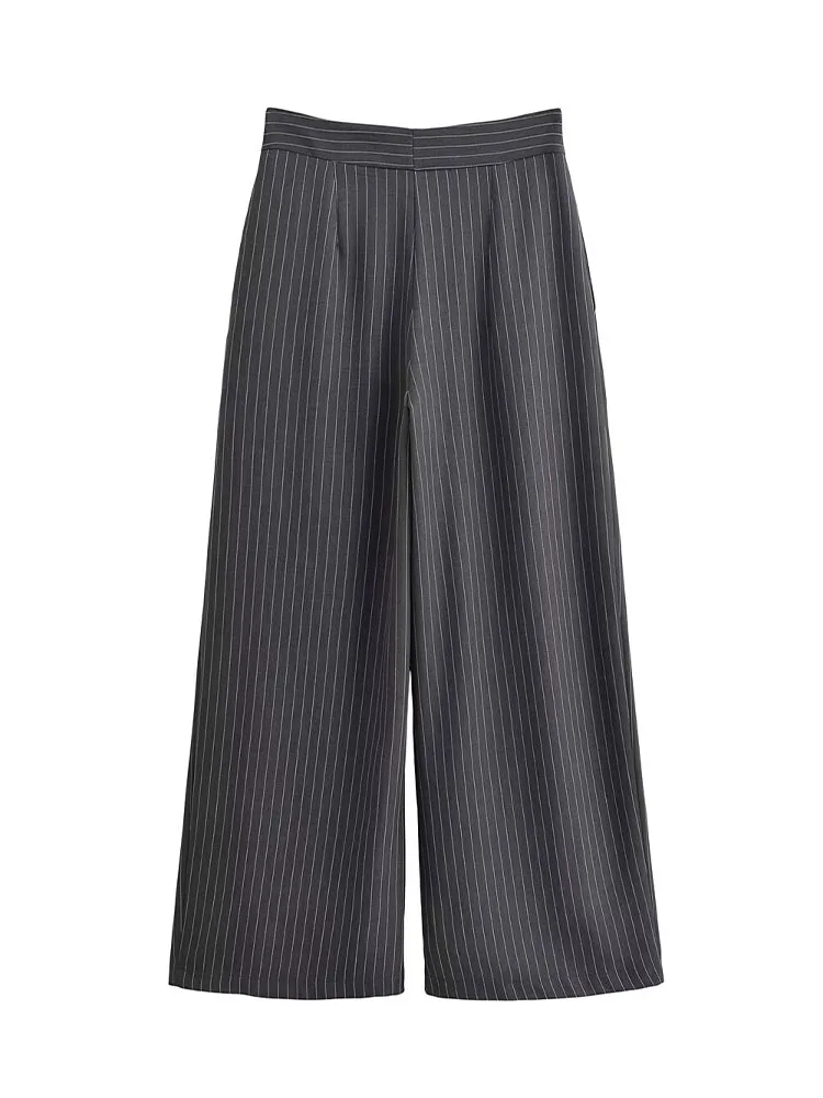 HH femme 2 couleurs élégant automne plissé décoration fermeture éclair jambe large pantalon femme loisirs ample rayures Style de rue pantalon