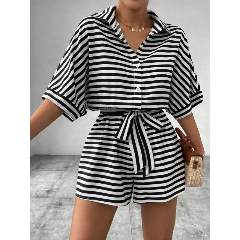 Women Fashion One Piece Short Sleeve Striped Overalls Shorts Pants Ladies Elastic Waist Turn Down Collar Rompers