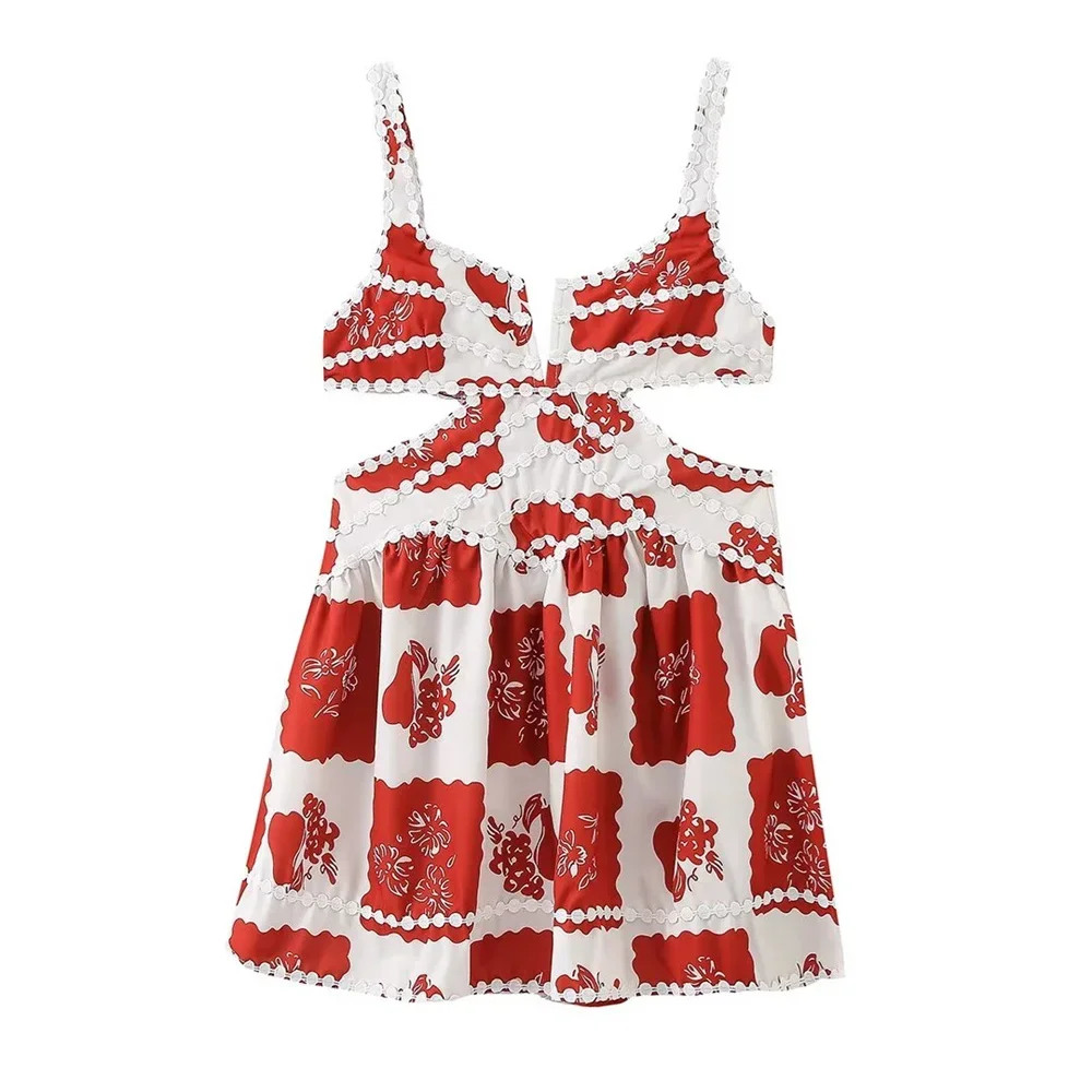 

LIBIELIY 2025 Summer New Women's European And American Style Fashion Niche Printed Strap Lace A-line Hollow Short Skirt