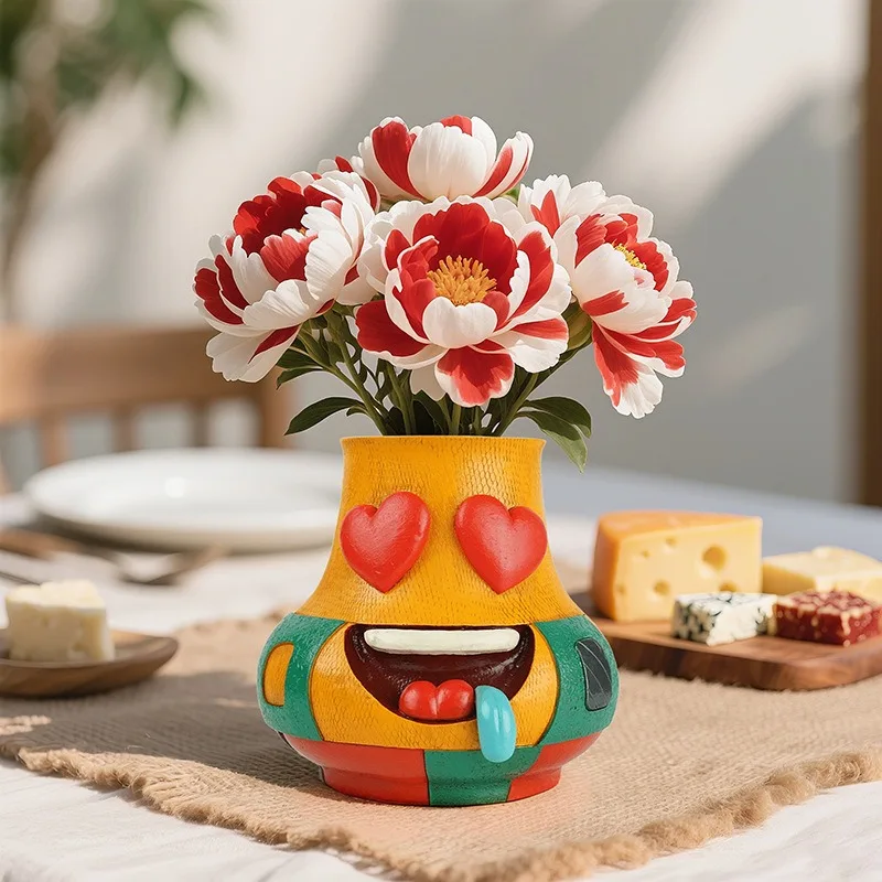Styled resin vase with funny cute Ins-style tear/sad emoji ceramic tabletop flower arrangement