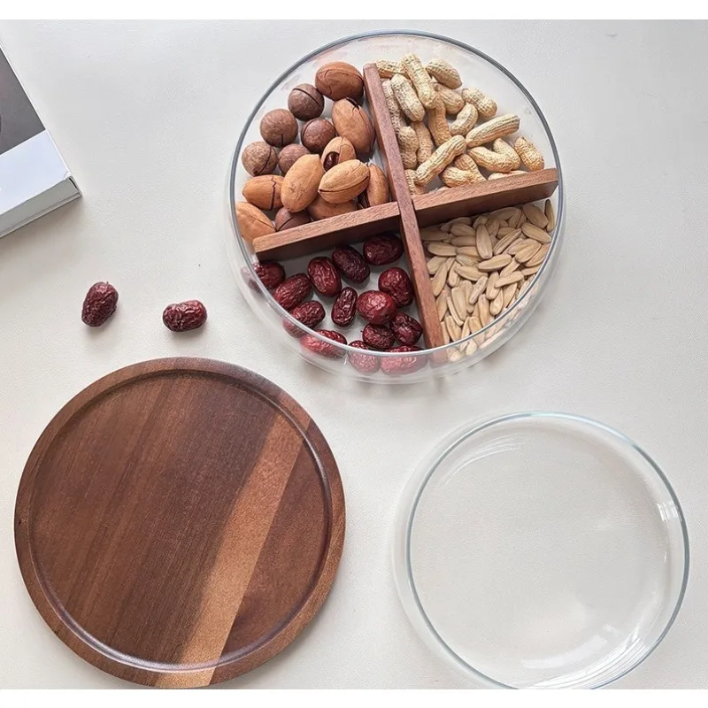For Acacia Wood Glass Snack Tray Fruit Plate Storage Box with Lid