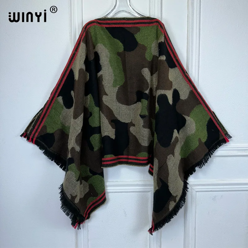 WINYI winter Warm Camouflage loose dress black fashion cape Holiday dress Elegant party winter ponchos for women maxi cloak