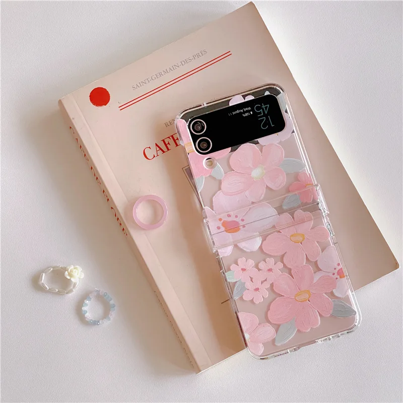 Romantic Pink Oil Painting Flower Phone Case for Samsung Galaxy Z Flip 4 3 Hard Cover for ZFlip5 Zflip4 Solid Shell Bracket