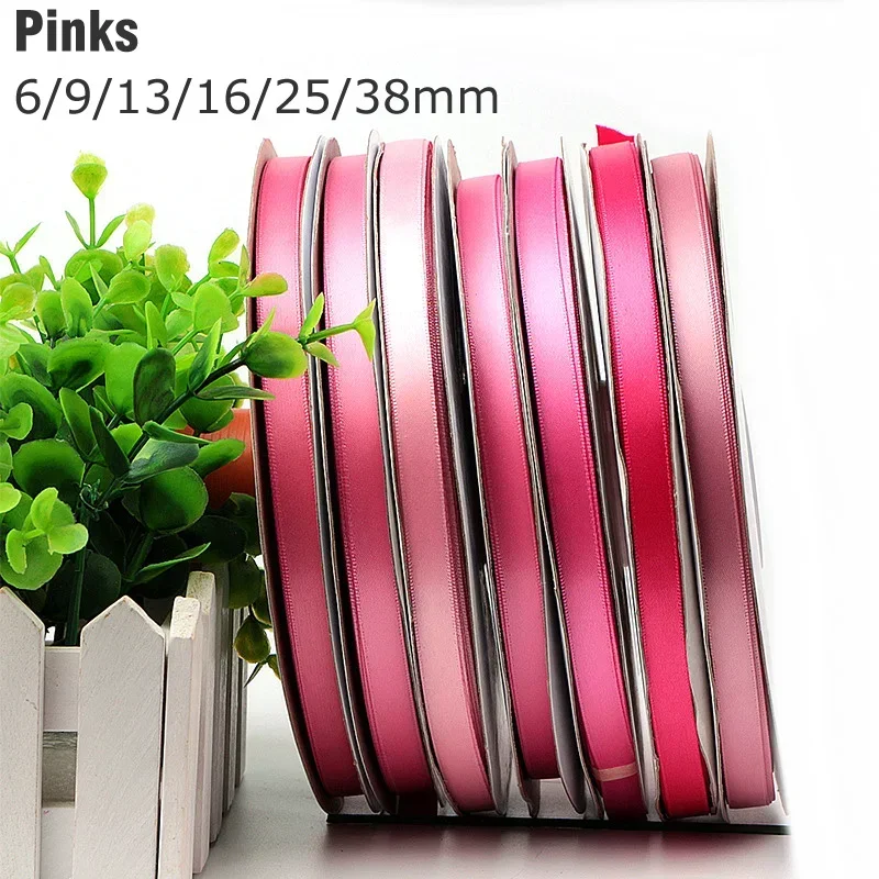 6/9/13/16/25/38mm PINK Double Face Satin Ribbon Solid Color 100% Polyester Both Sides Silky Tape Gift Wrapping Ribbons 242424