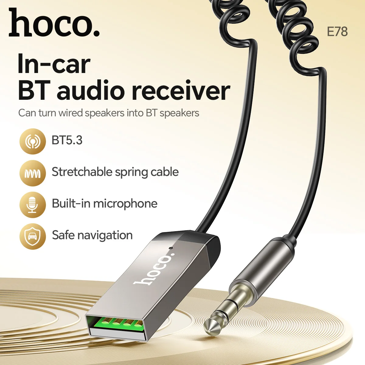 

HOCO E78 In Car AUX Bluetooth Receiver With Cable Audio Line Music Player USB to 3.5MM Adapter Handsfree For Old Car Speaker