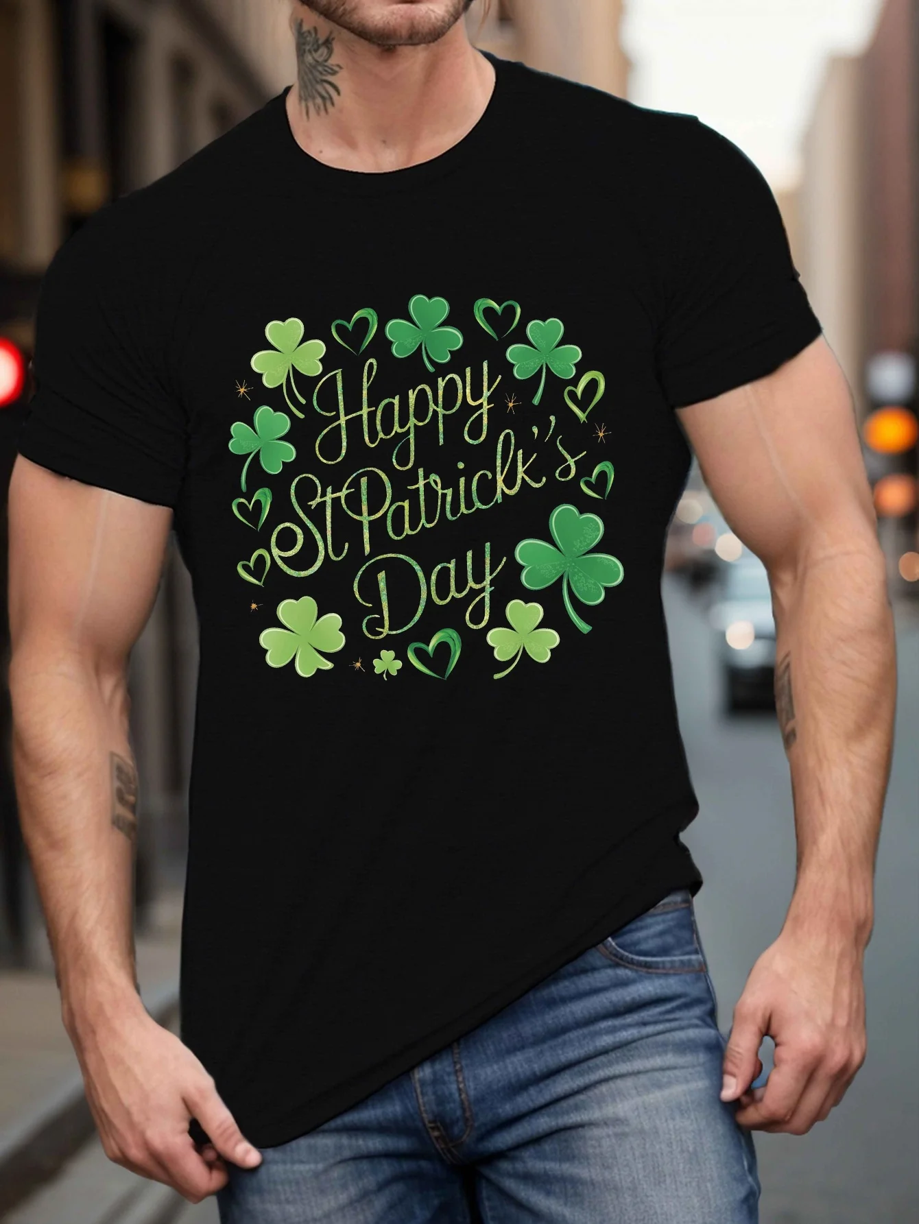 Large Size St. Patrick's Day T-Shirt for Tall Men - Casual Crew Neck, Short Sleeve, Shamrock Print, Breathable Fiber, Machine Washable, Large Size, Summer, Graphic Print, Daily Life, Large Size