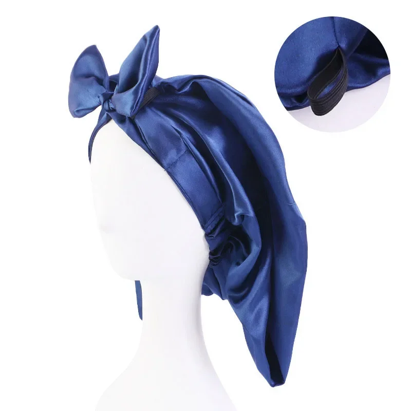 

Night Sleep Caps Adjustable Bow-knot Hair Care Chemo Caps Satin Silk Long Sleep Hat Turban Hat for Women Beauty Headcover Solid