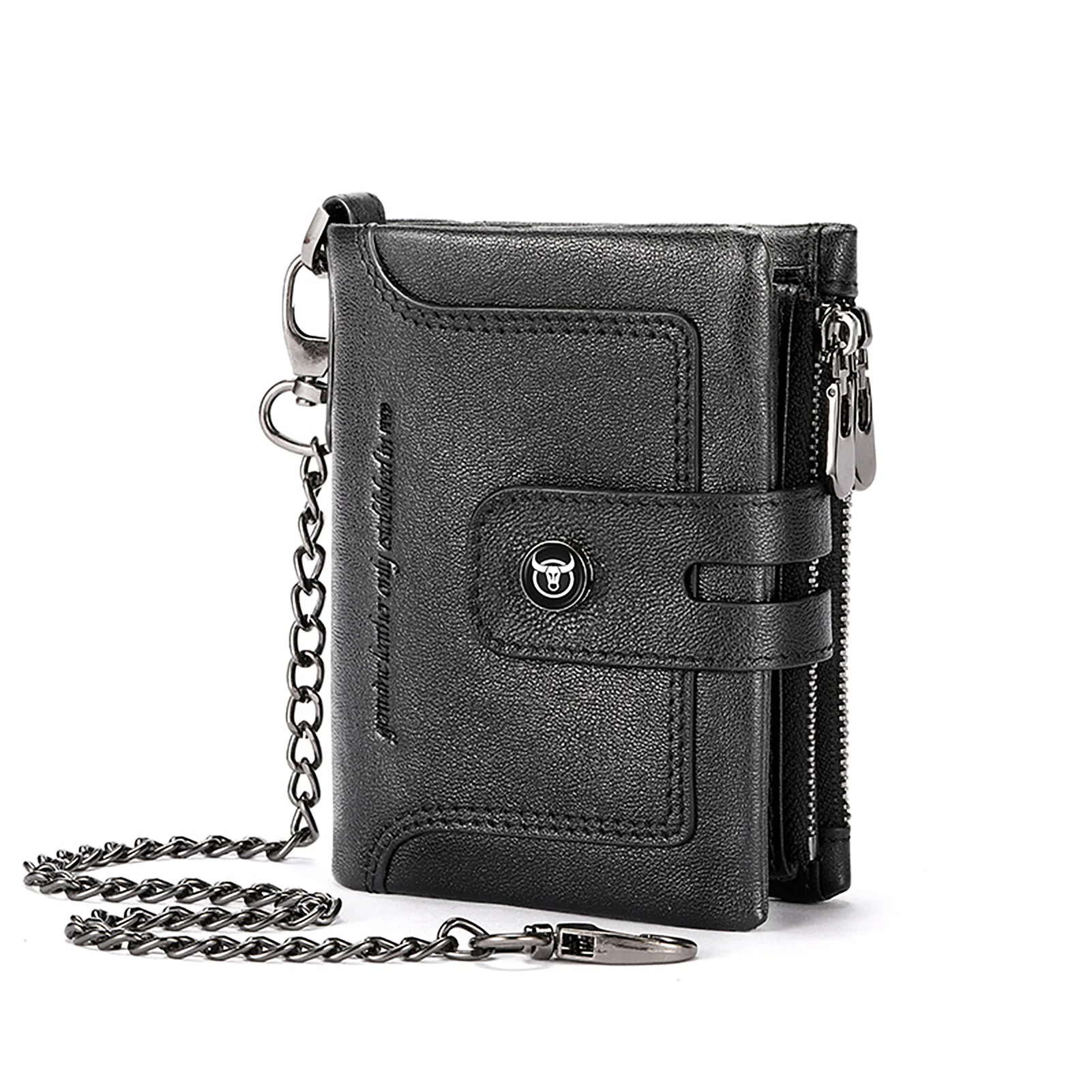 Men's Wallet with Chain Genuine Leather Bifold Purse Multifunctional Anti-Theft Multi-Card Wallet Card Coin Organizer with Snap
