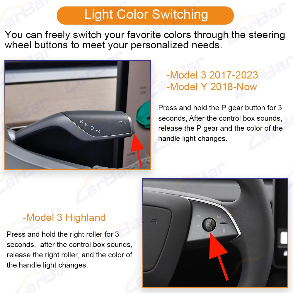 Carbar 6th Wireless Auto Electric Door Handles for Tesla Model Y 3 Highland with Colorful LED Lights for 4 Doors Handle