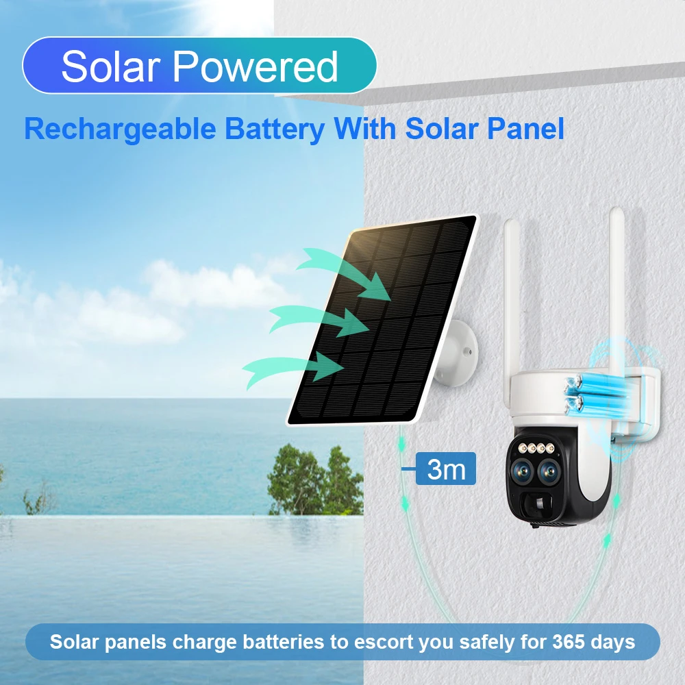 2K Dual Lens Solar Camera WIFI Outdoor 10X Optical Zoom Two-way Audio Color Night Vision Bulit-in Battery Security Camera