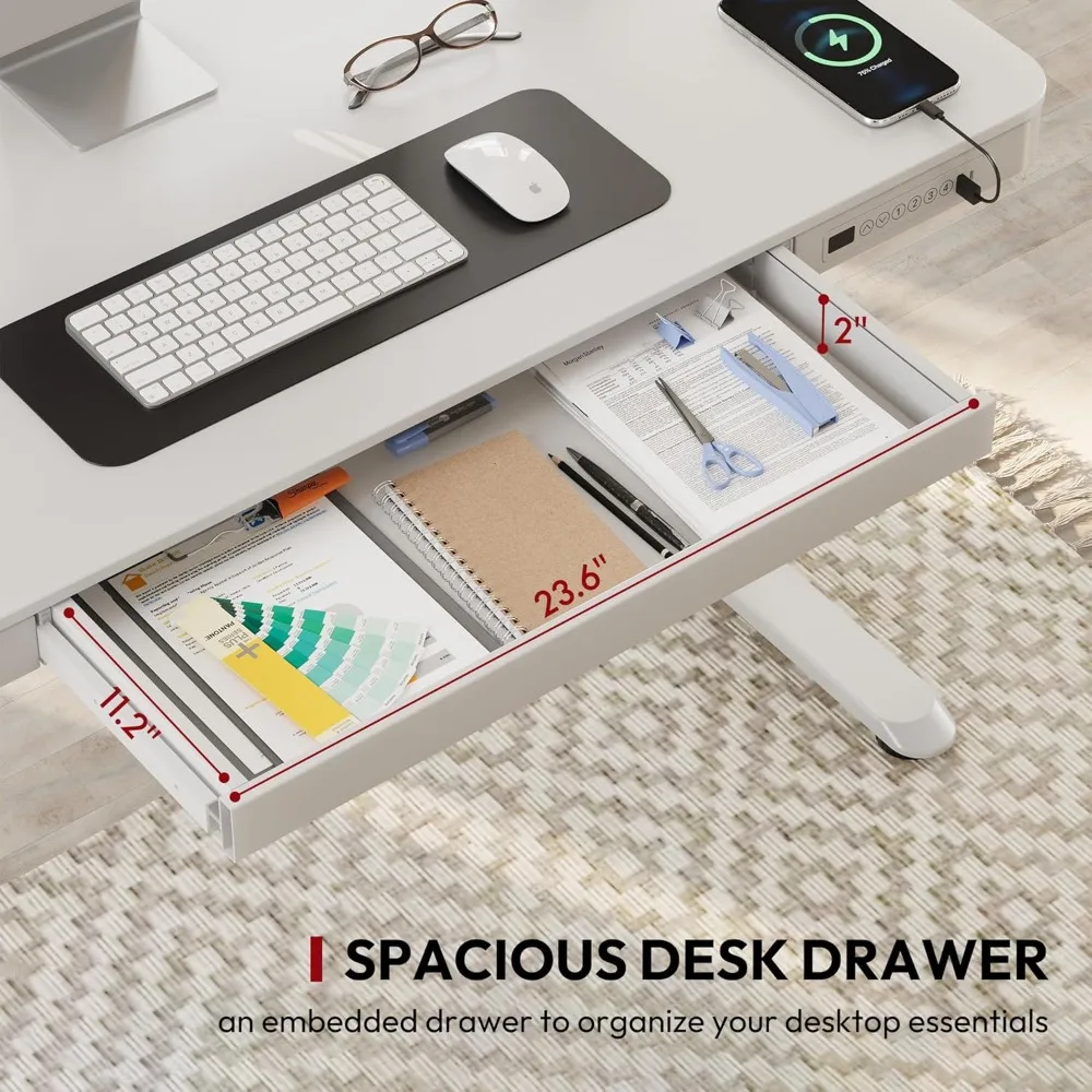 مكتب قائم كهربائي قابل للتعديل مع أدراج تخزين ومنافذ USB، 55 سطح خشبي أبيض للمكتب المنزلي #4