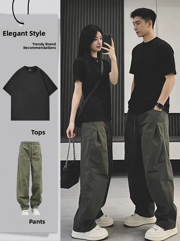 

Casual Sporty Short Sleeve Outfit Trendy Brand American Folded Military Green Knife Workwear Pants Matching Set Teenager Spring