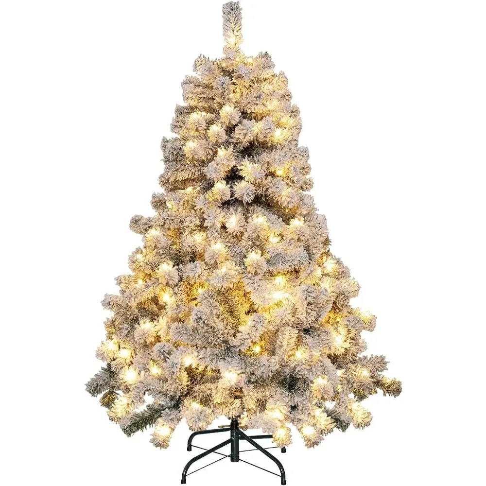 9ft Pre-Lit Christmas Tree, Premium PVC Snow Flocked Hinged Pine Tree with Metal Stand and LED Lights, Christmas Decoration