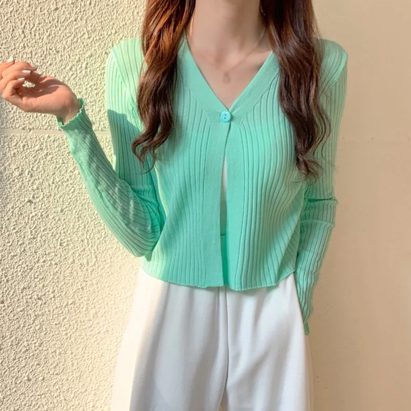 Summer Thin Knitted Cardigan Sun Protection Sweater Casual Solid All-match V-Neck Korean Veresion Long Sleeves One Button Style