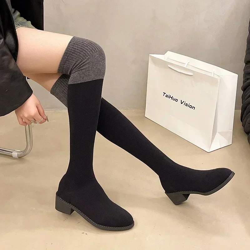 

Women's Sock Boots Thick Heel Thin Knitted Round Toe Color Matching 2025 Spring and Autumn Sexy Elastic Long Leg Over Knee Boots