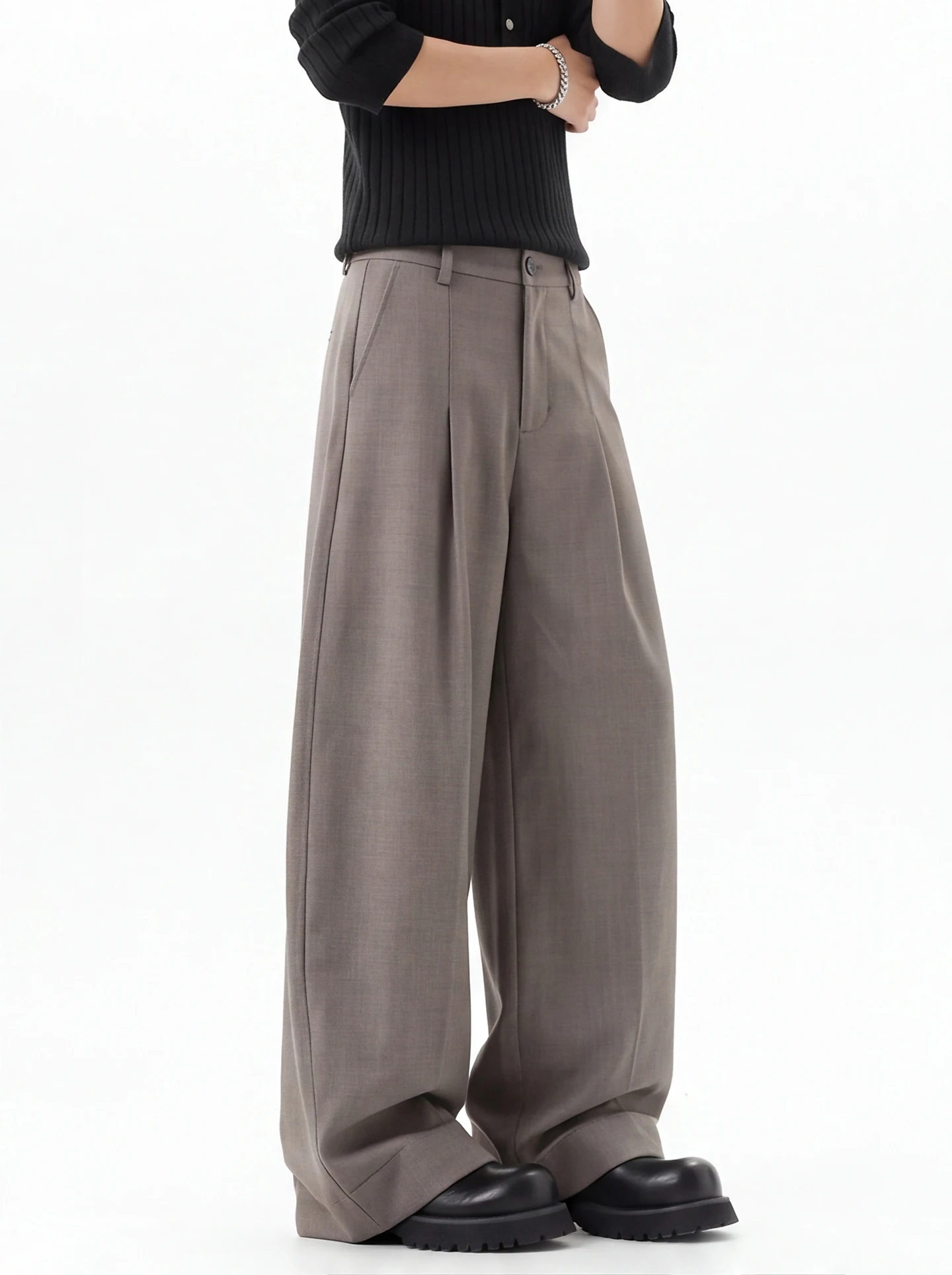 Ant Casual Loose Wide Leg Pants Women's Coffee Color Drapey Straight Leg Suit Pants Comfortable Breathable Leisure Trousers